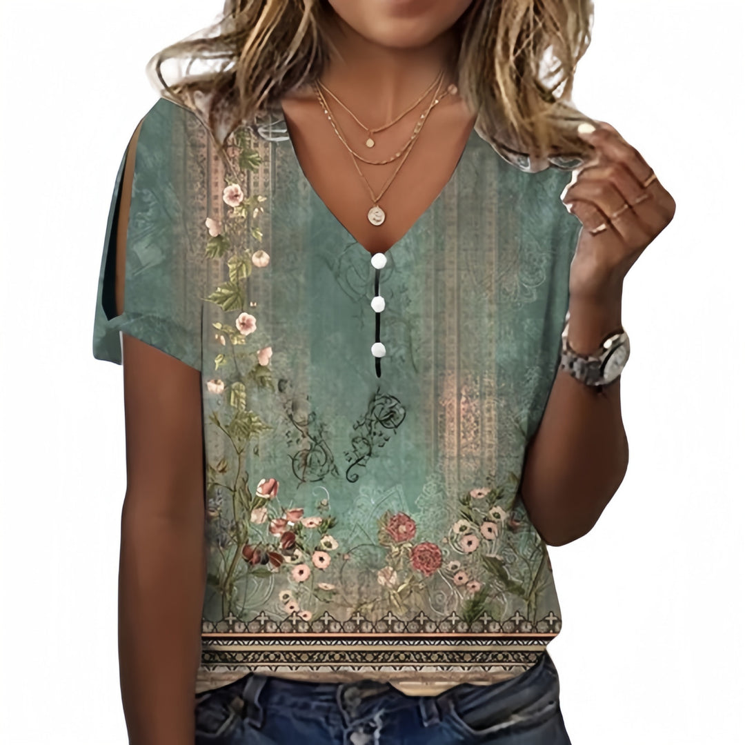 Damen Kurzarmbluse mit floralen Stickereien und Knopfdetails EB