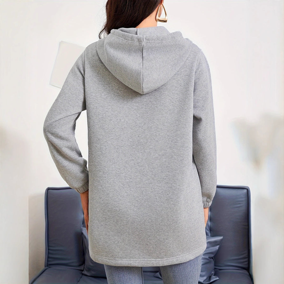 Damen nan Longline-Kapuzenjacke mit durchgehendem Reißverschluss, Kängurutaschen und elastischen Bündchen EB