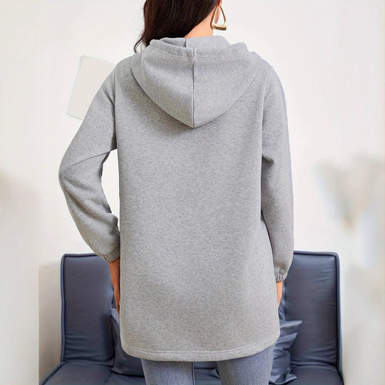 Damen nan Longline-Kapuzenjacke mit durchgehendem Reißverschluss, Kängurutaschen und elastischen Bündchen EB