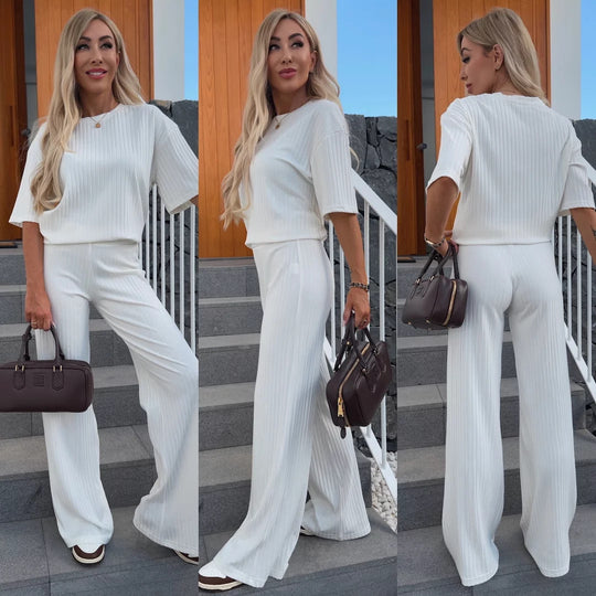 Damen Feines Rippstrick‑Zweiteiler mit Relaxed‑Crewneck und ausgestellter Palazzo‑Hose EB
