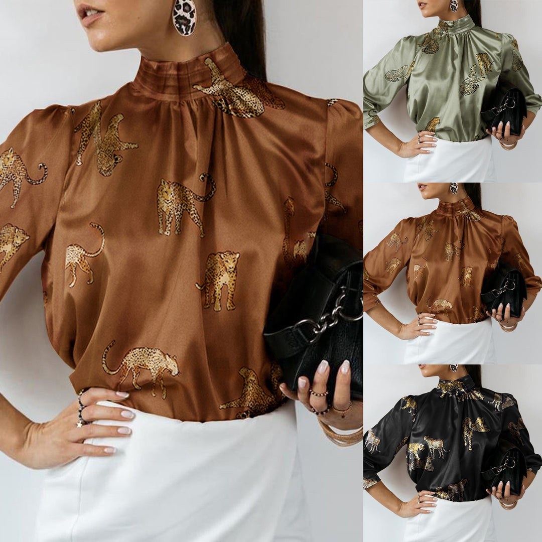 Damen Hochgeschlossenes Satinblusenshirt mit Stehkragen und Animal‑Print EB