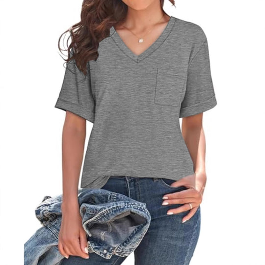 Damen Viskose V-Ausschnitt T-Shirt mit Brusttasche und lässigem Schnitt EB