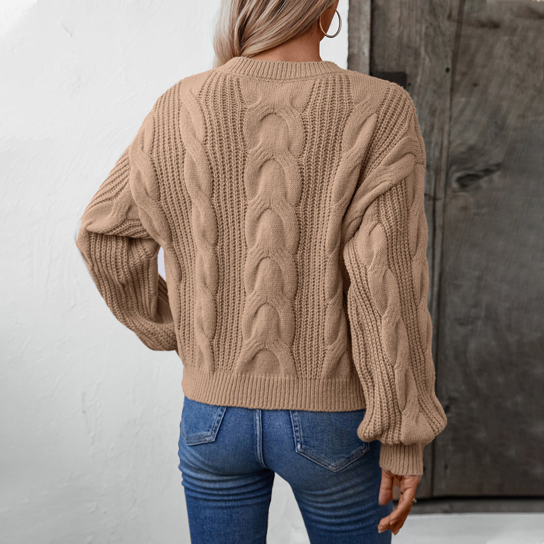 Damen grob gestrickter Pullover mit voluminösen Ärmeln und Zopfmuster EB