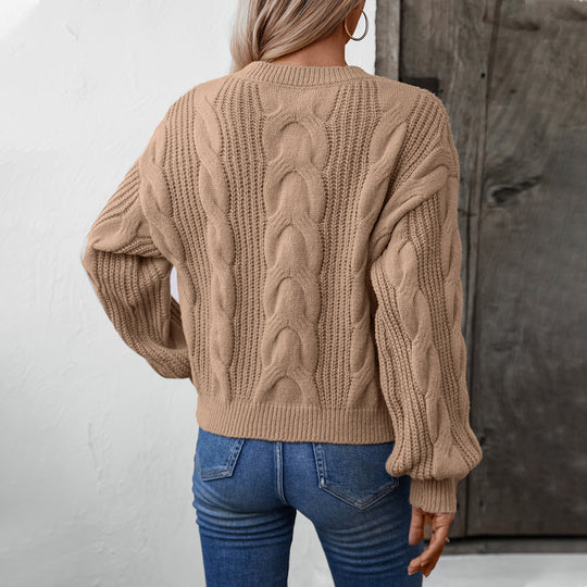 Damen grob gestrickter Pullover mit voluminösen Ärmeln und Zopfmuster EB