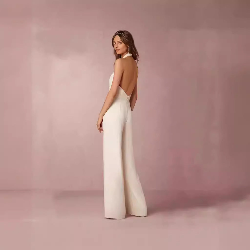 Damen Eleganter Jumpsuit mit tiefem V-Ausschnitt und weitem Bein EB