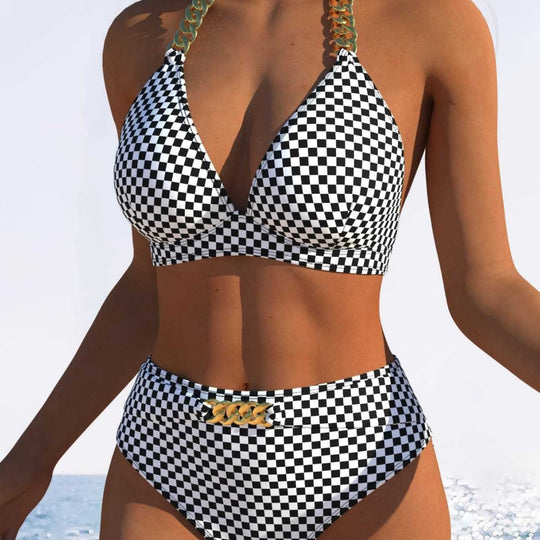 Damen Bikini-Set mit stilvollem Karomuster und goldfarbenen Akzenten EB