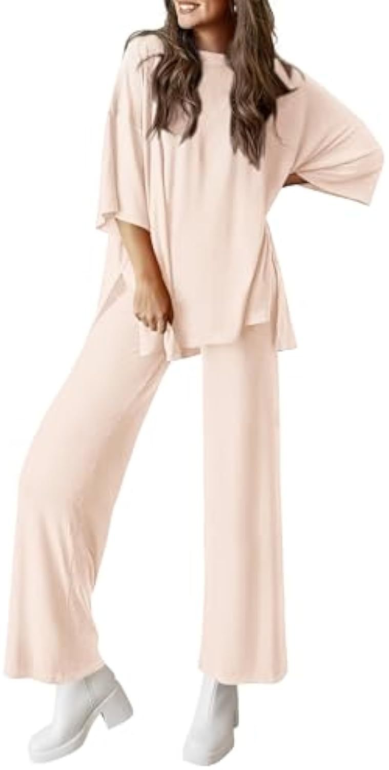 Damen Lässiges Lounge-Set aus weichem Jersey mit Oversize-Tunika und weiter Palazzo-Hose EB