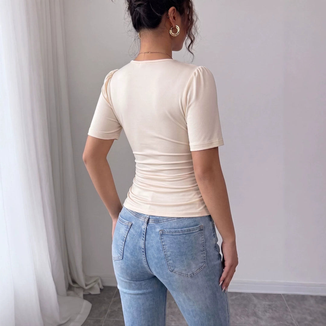 Damen nan tailliertes Drapiertes Kurzarmtop mit Perlenbesatz und V-Ausschnitt EB