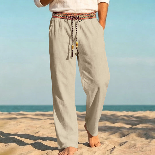 Herren Leinenoptik Freizeithose mit besticktem Kordelbund und Kordelzug EB