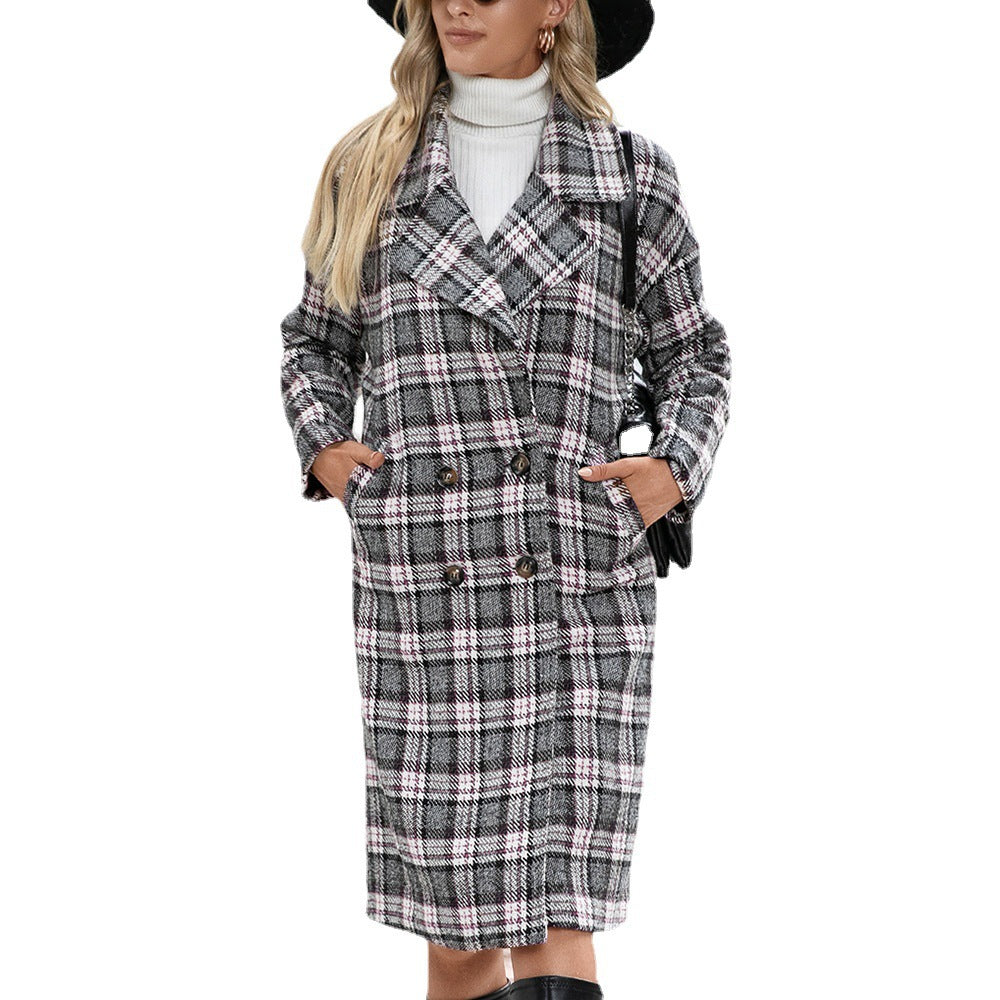 Damen Oversized Karo-Mantel im eleganten Double-Breasted Design EB