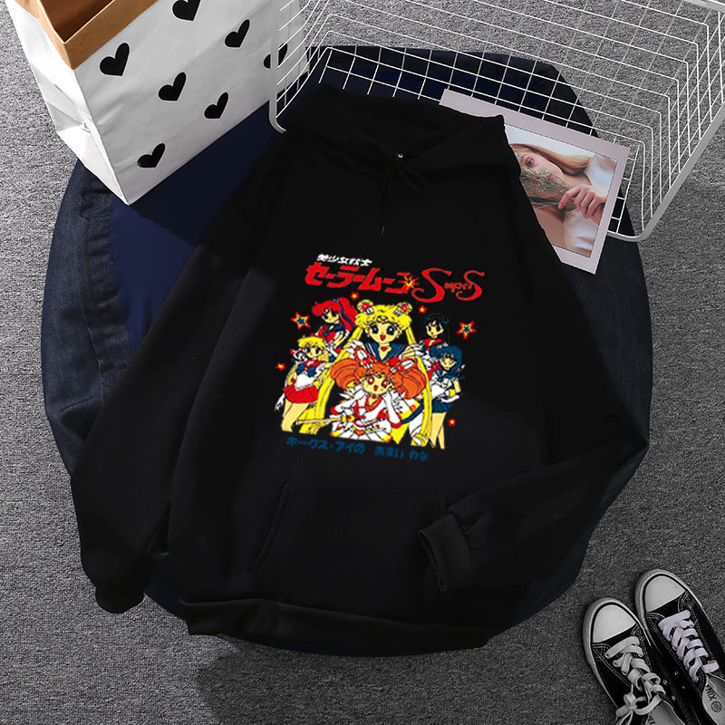 Damen nan Oversize-Kapuzenpullover mit gerautem Fleecefutter, Retro‑Anime‑Print und Kängurutasche EB