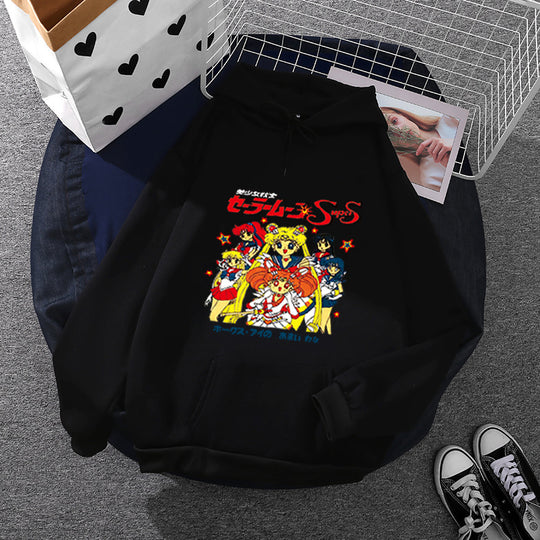 Damen nan Oversize-Kapuzenpullover mit gerautem Fleecefutter, Retro‑Anime‑Print und Kängurutasche EB