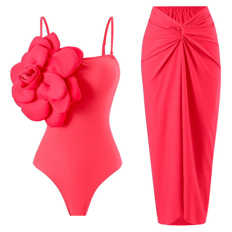 Damen Einteiler Badeanzug mit modischem Blumendesign und passendem Wickelrock EB
