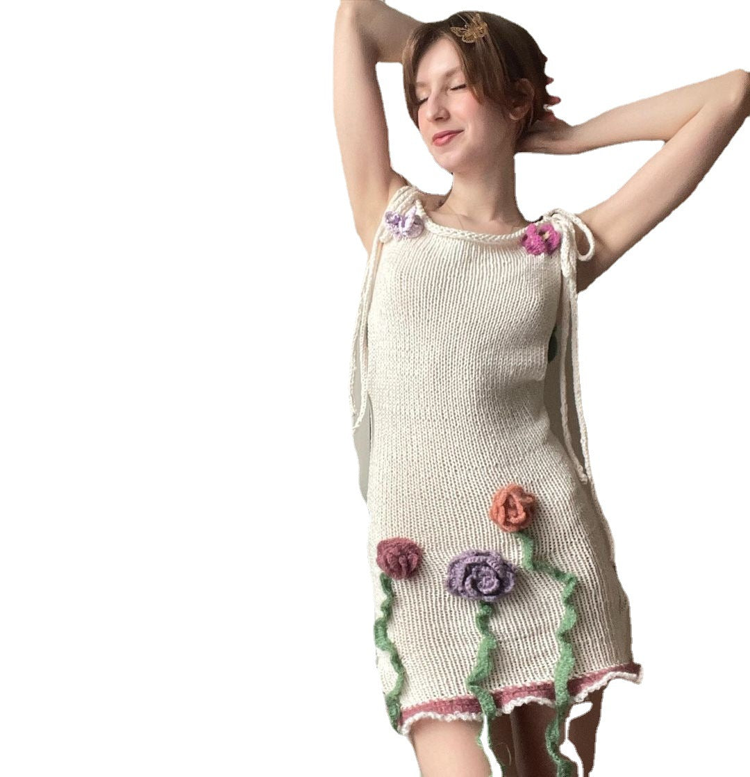 Damen gehäkeltes Sommerkleid mit floralen Applikationen EB