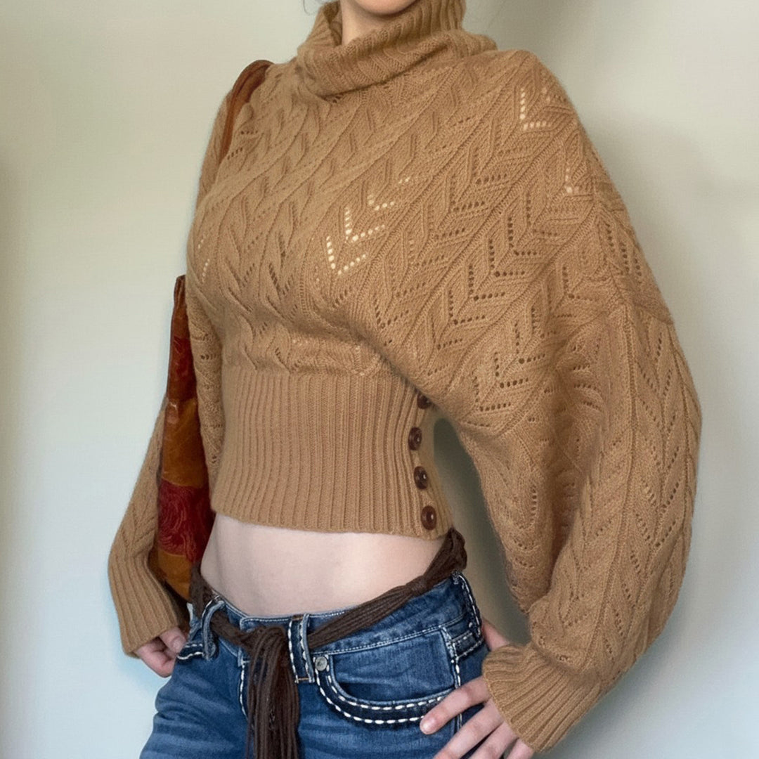 Damen nan kurzes Strick-Turtleneck mit Zierknopfleiste und Ballonärmeln EB