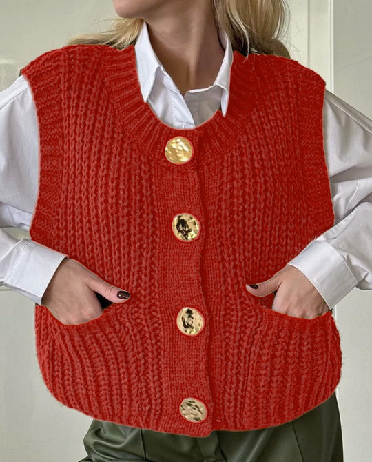 Damen gemütliche Strickweste mit großen Knöpfen und praktischen Taschen EB