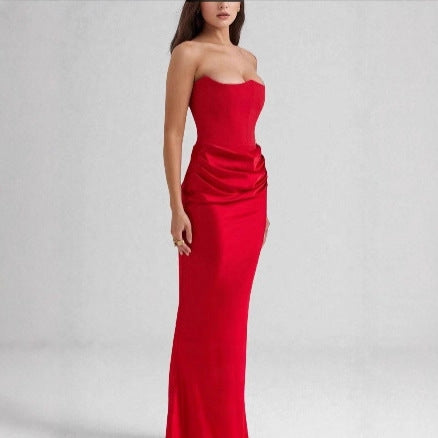 Damen Maxikleid mit Raffungen und elegantem Bustier-Ausschnitt EB