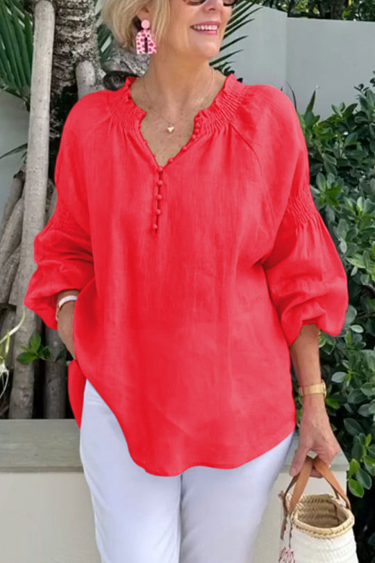 Damen Leichte Bluse mit elastischen Puffärmeln und Knopfleiste EB