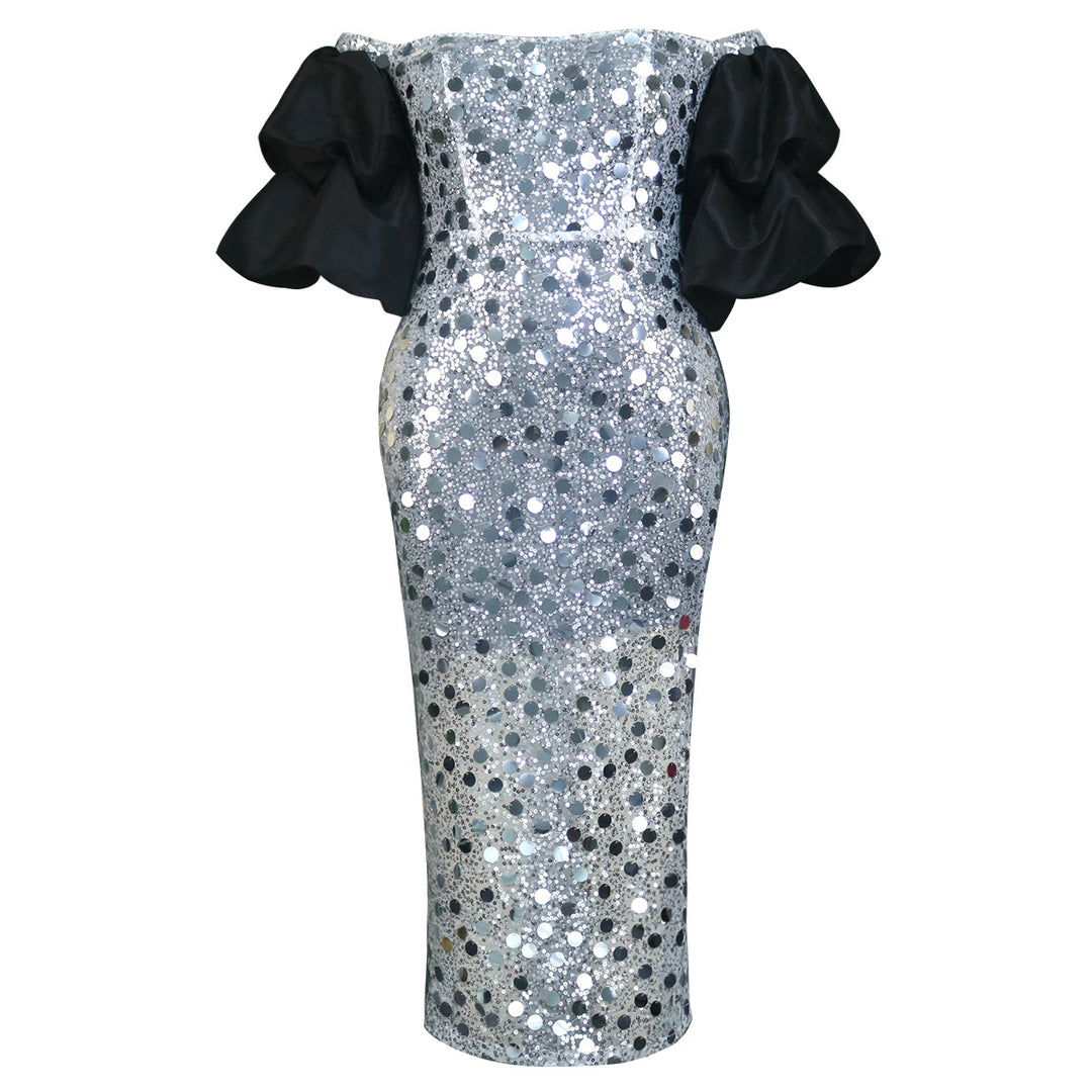 Damen Glitzerndes Abendkleid mit voluminösen Puffärmeln EB