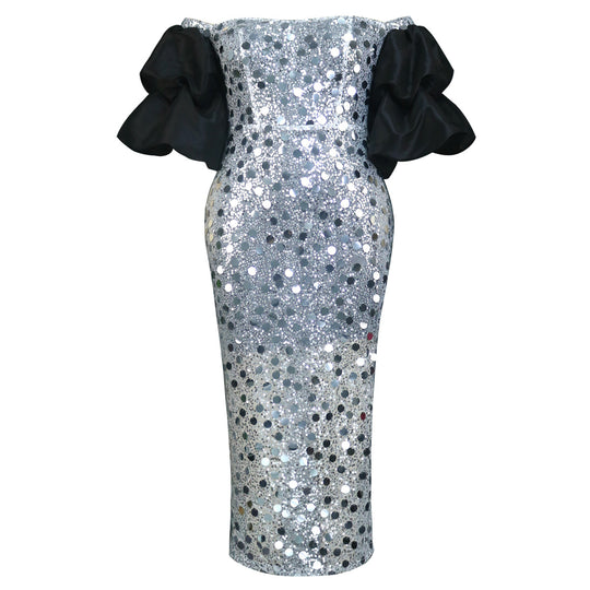 Damen Glitzerndes Abendkleid mit voluminösen Puffärmeln EB