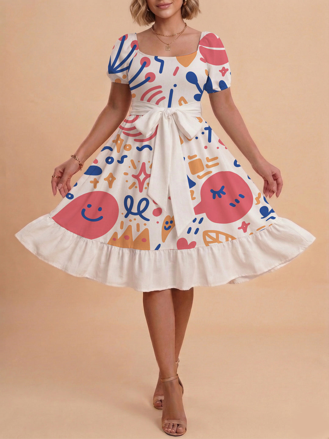 Damen Sommerkleid mit floralem Puffärmel und taillierbarem Gürtel EB
