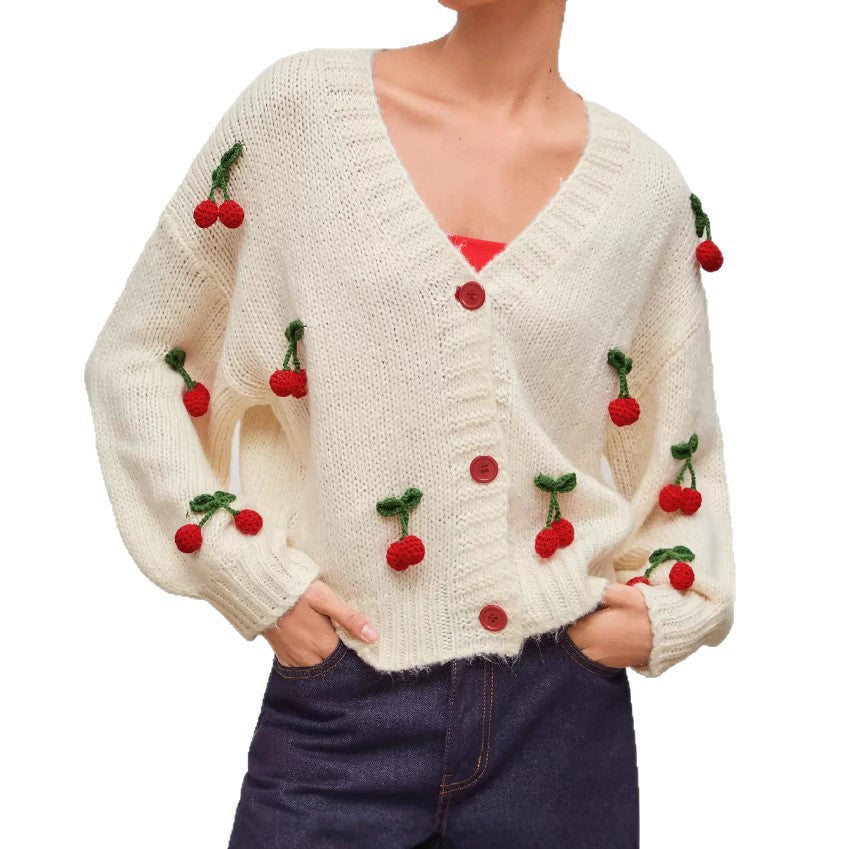 Damen verspielter Strickcardigan mit Kirschapplikationen EB