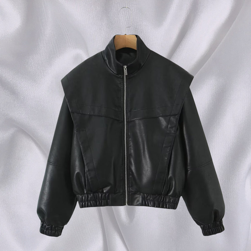Damen elegante Kunstlederjacke mit hohem Kragen EB