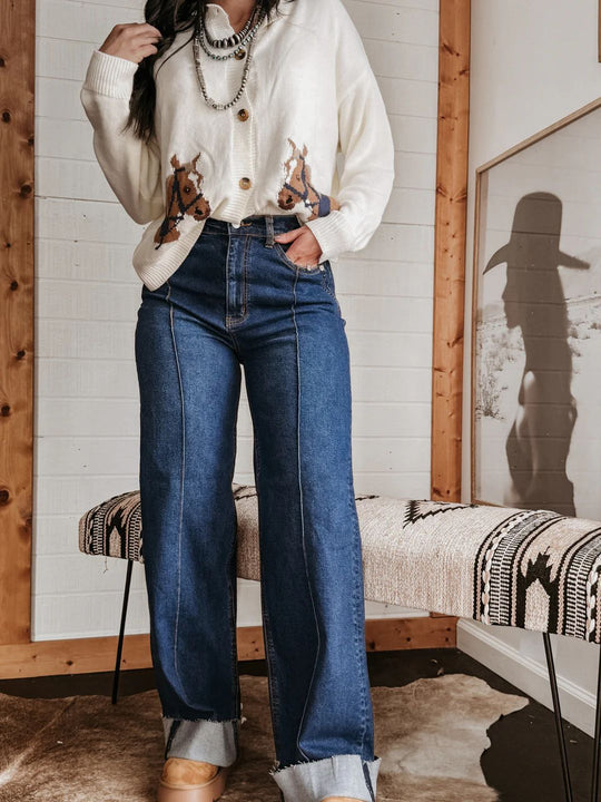 Damen weite High-Waist Jeans mit einzigartigen Kontrastnähten und lässigem Look EB