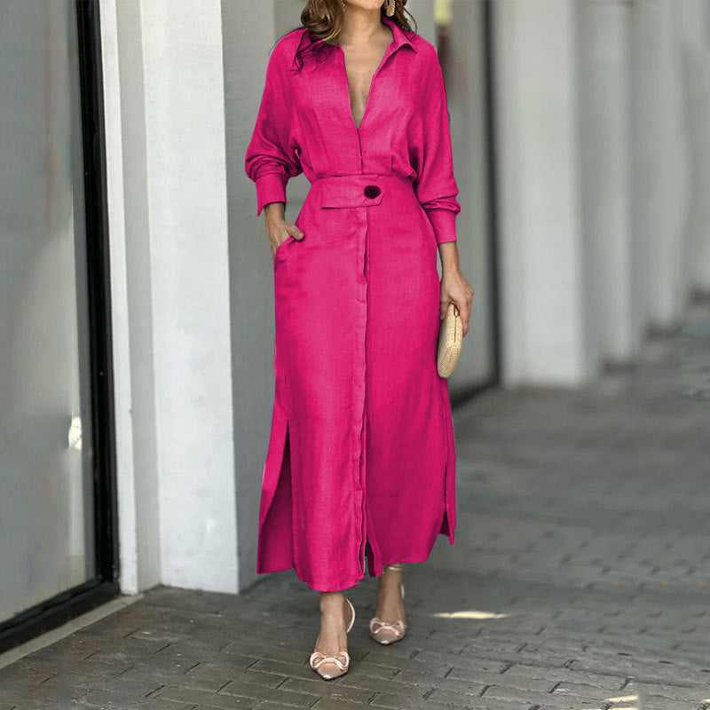Damen Maxikleid aus leichtem Leinen mit eleganter Knopfleiste und praktischen Seitenschlitzen EB