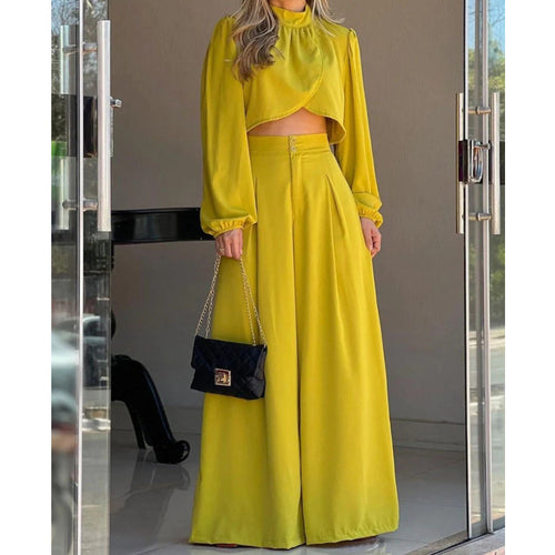 Damen Modisches Zweiteiler-Set mit elegantem Cropped-Oberteil und weit geschnittenen Hosen EB