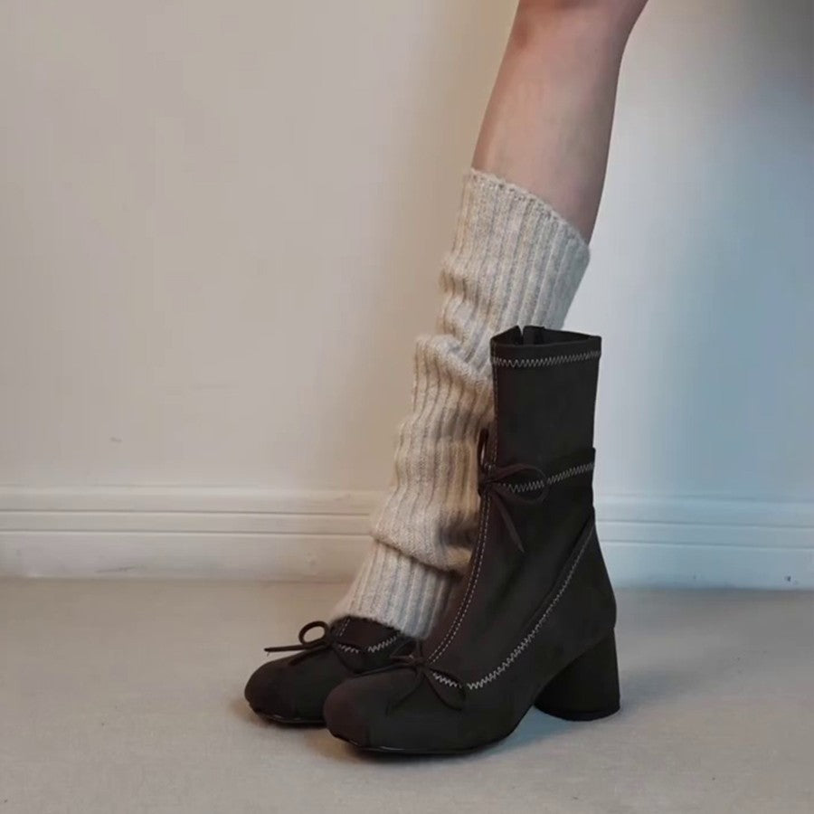 Damen eleganter Stiefel mit kunstvollem Zugband und bequemem Blockabsatz EB