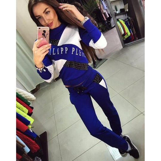 Damen Sportliches Jogginganzug-Set mit Nietenbesatz und Colorblock-Design EB