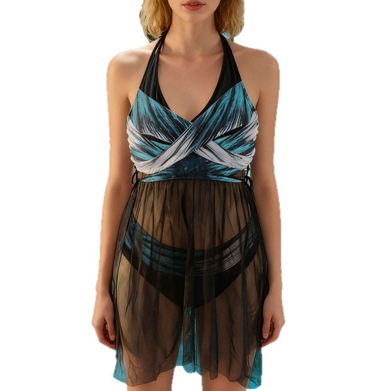 Damen Strandkleid mit elegantem Wickel-Design und transparenter Overlay EB