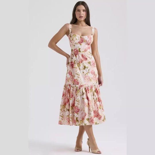 Damen Maxikleid mit floralem Print und voluminösem Rock EB
