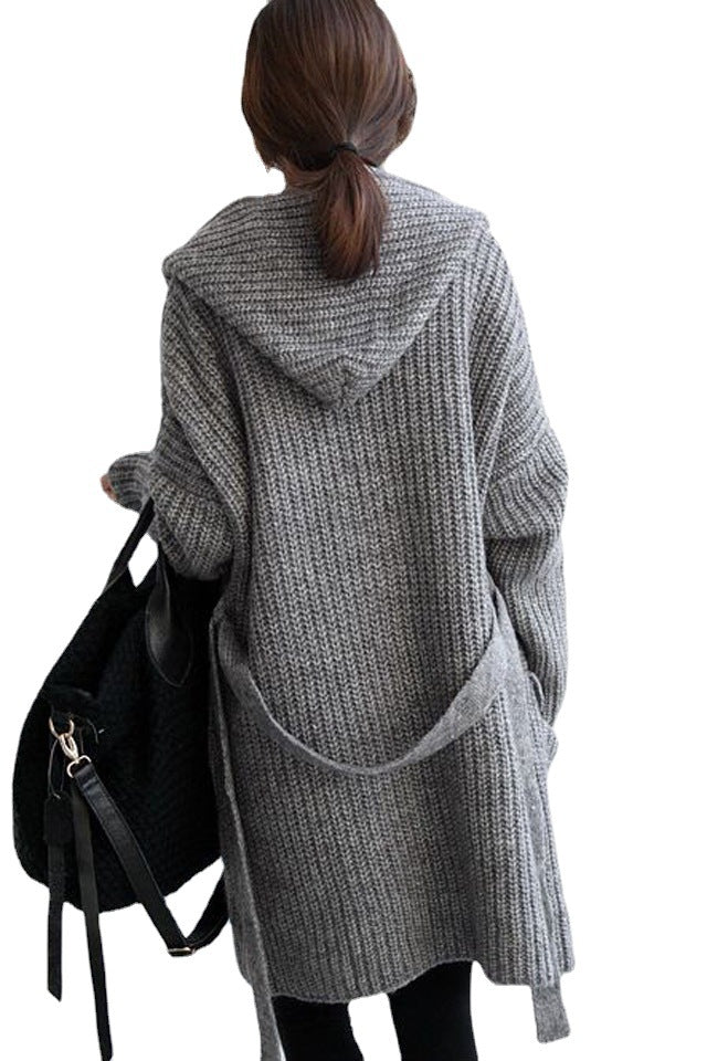 Damen Grobstrick-Longcardigan mit Kapuze und offenen Fronten EB