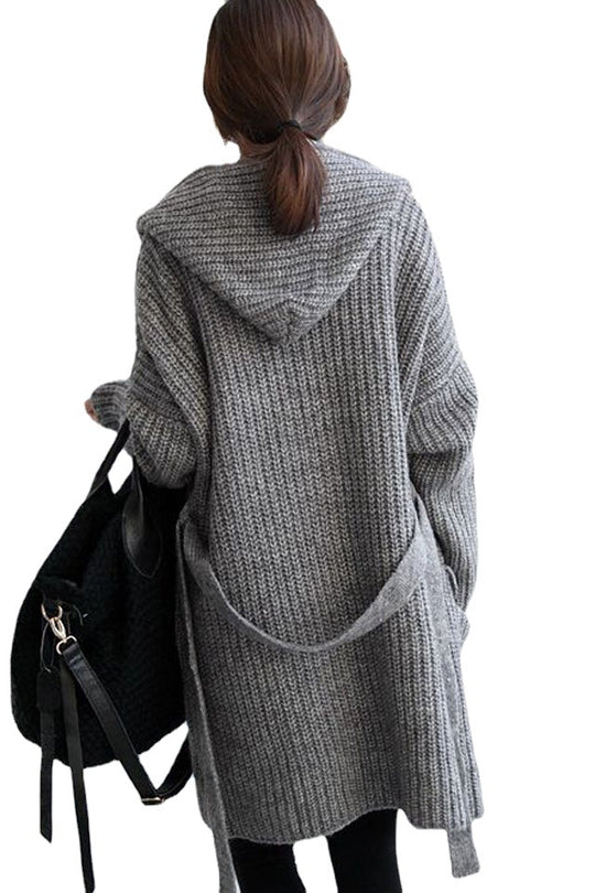 Damen Grobstrick-Longcardigan mit Kapuze und offenen Fronten EB