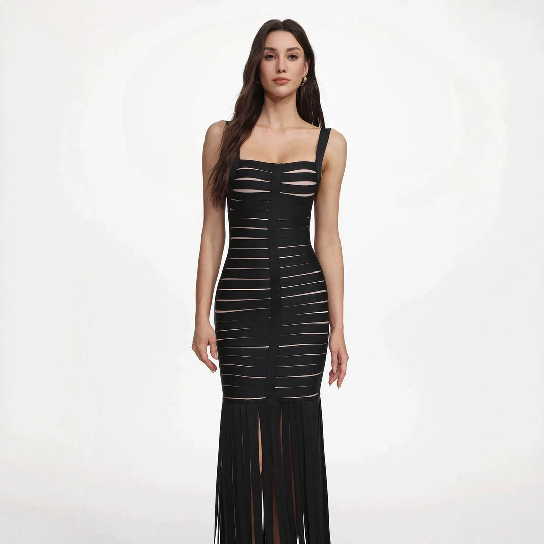 Damen Elegantes Abendkleid mit raffiniertem Streifen-Design und Fransen EB