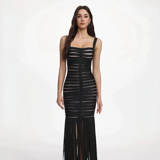 Damen Elegantes Abendkleid mit raffiniertem Streifen-Design und Fransen EB