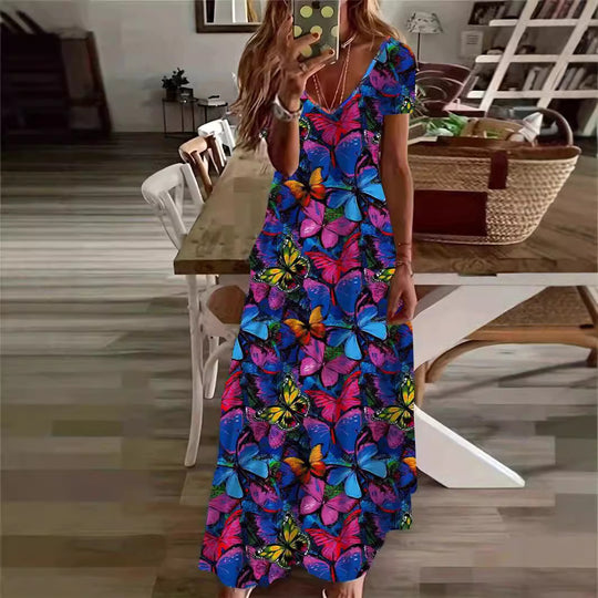 Damen Maxikleid mit stilvollem Blumen- und Tiermotiv EB