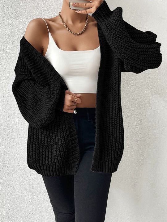 Damen nan Oversize-Strickcardigan mit grobem Waffelstrick, offener Front und voluminösen Ballonärmeln EB