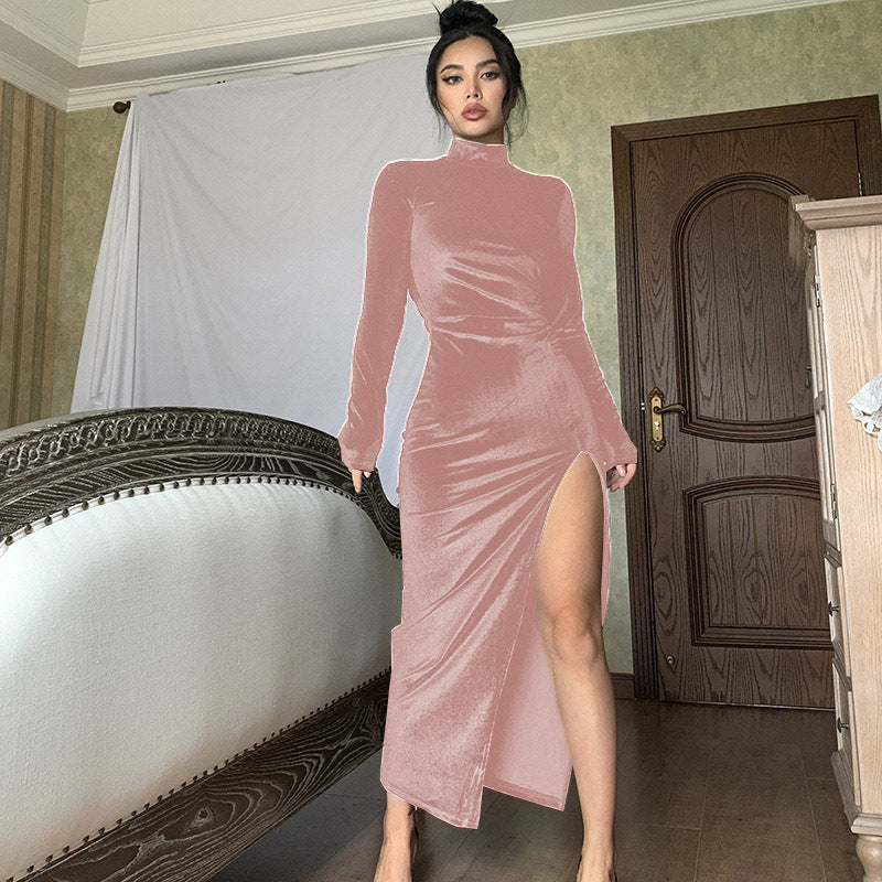 Damen Elegantes Samt-Maxi-Kleid mit hohem Schlitz und Stehkragen EB