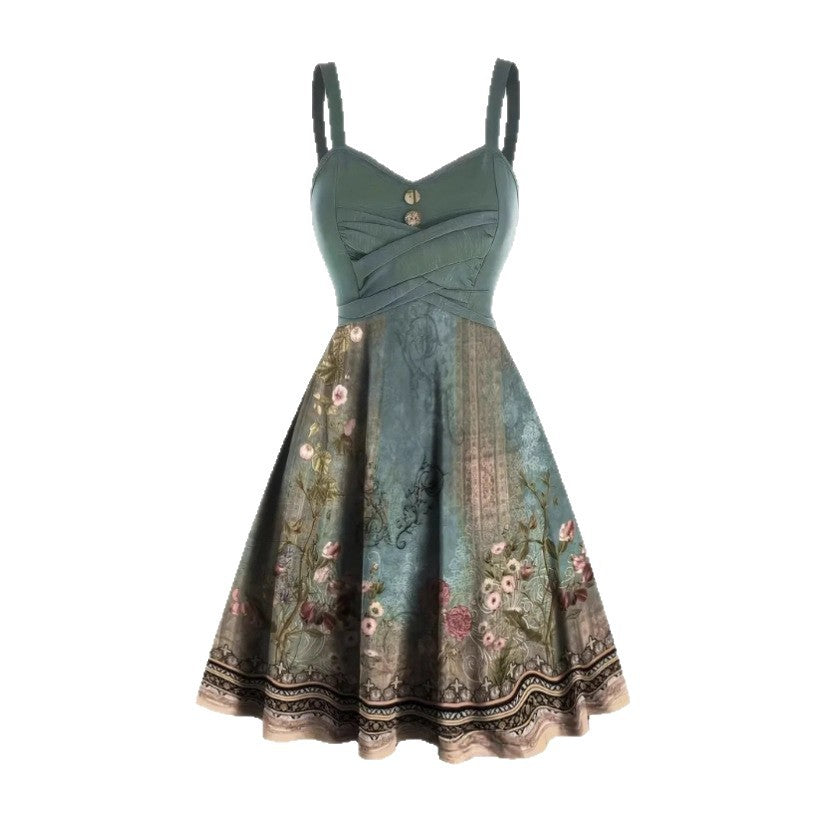 Damen A-Linien Kleid mit floralem Design und Zierknöpfen EB