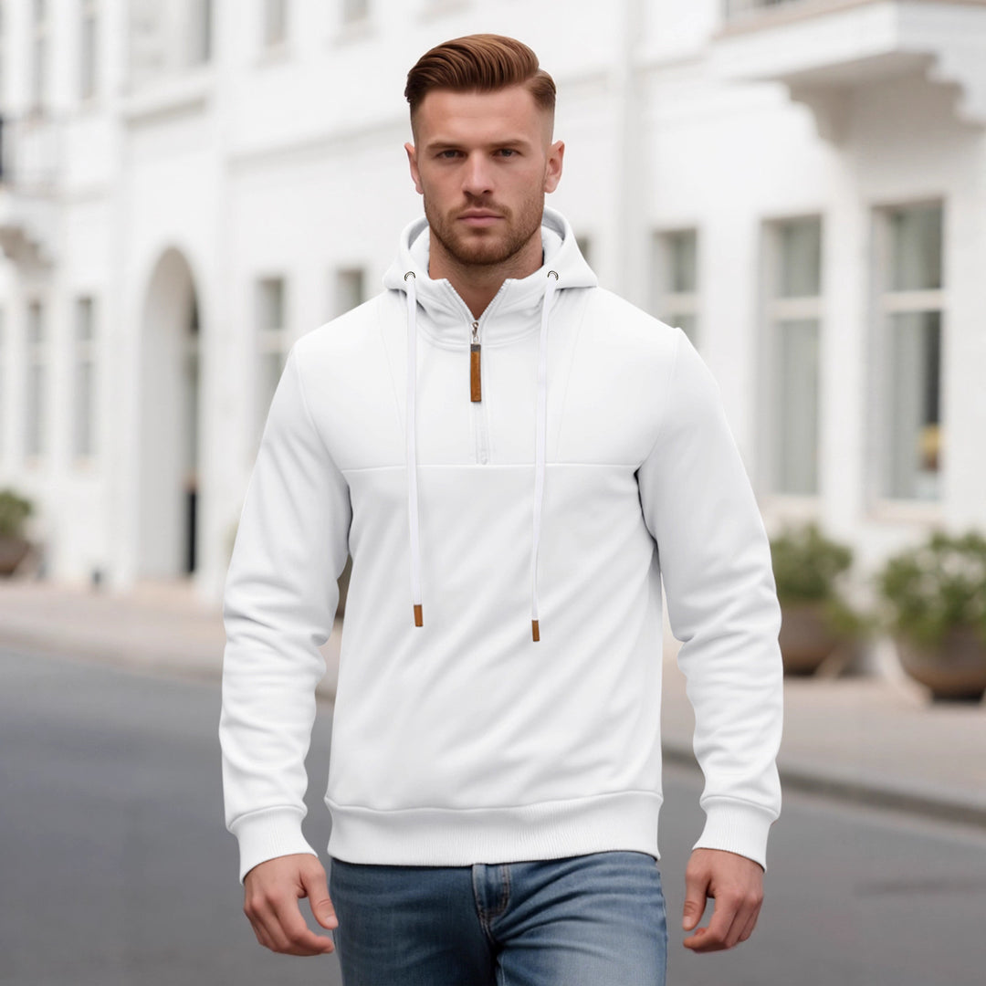 Herren Halbzip-Kapuzenpullover mit Stehkragen, Kordelzug und Lederdetails EB