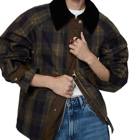 Damen Karierte Jacke mit weichem Cordkragen EB