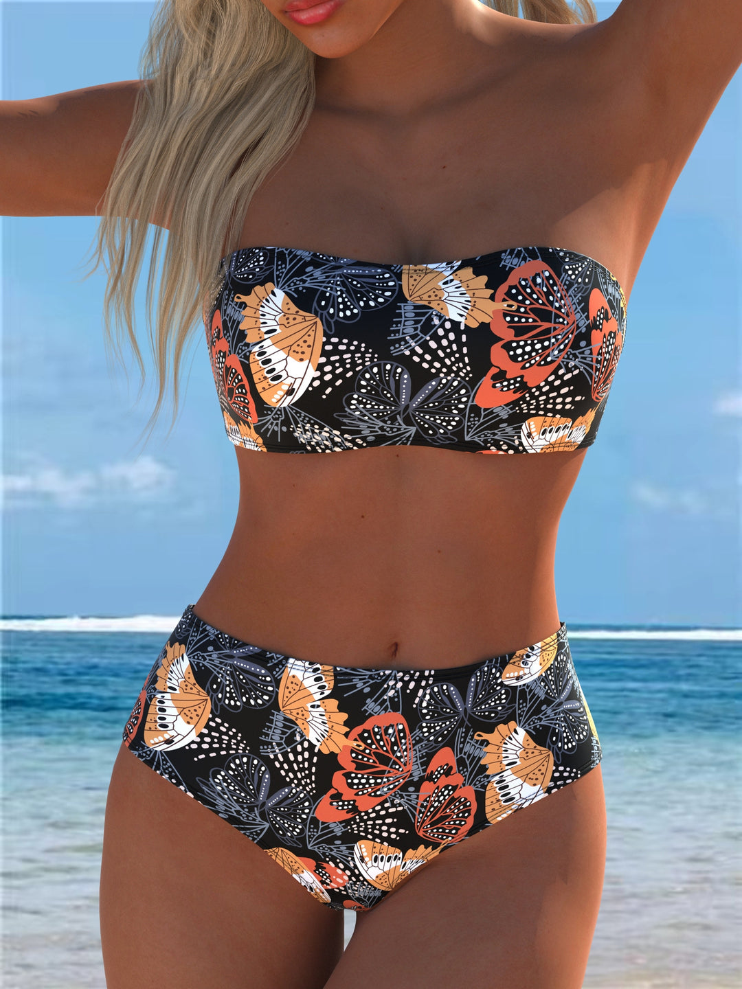 Damen Bandeau-Bikini mit hohem Taillenschnitt und kontrastierendem Blumendesign EB