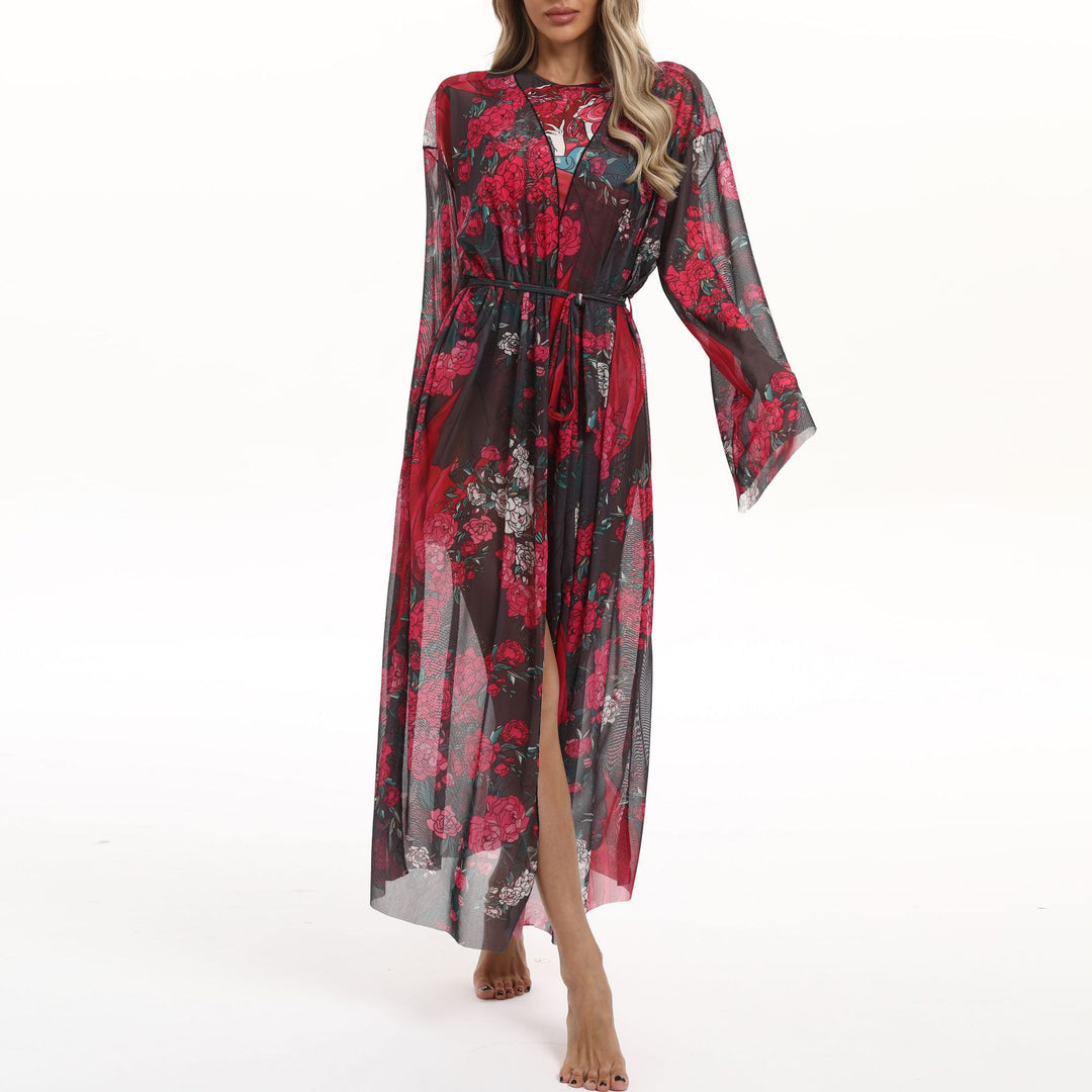 Damen Transparenter Strandkimono mit floralen Mustern EB