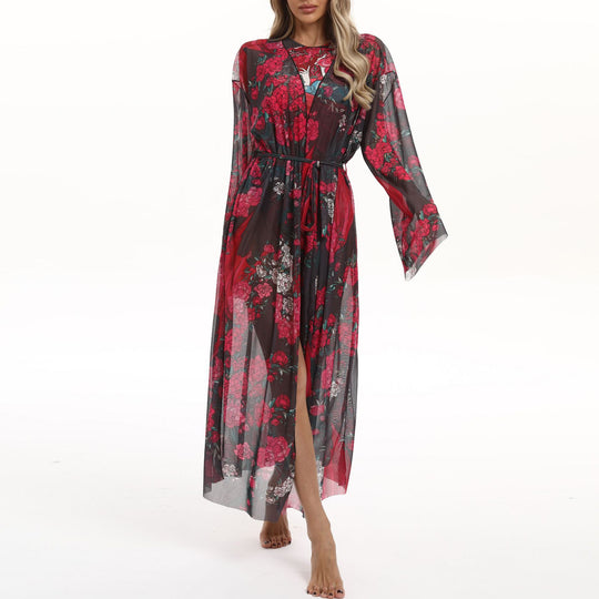 Damen Transparenter Strandkimono mit floralen Mustern EB