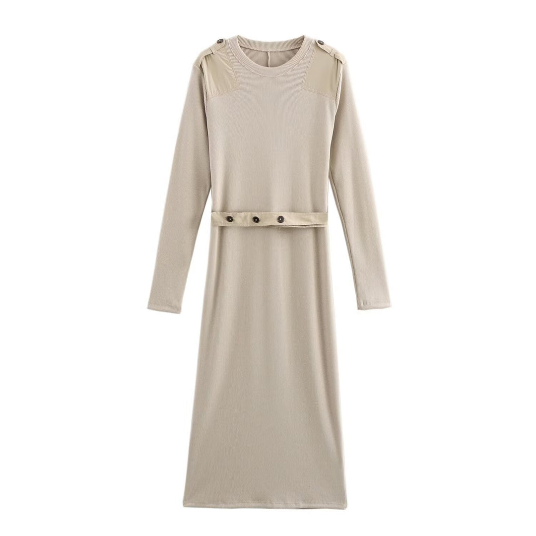 Damen Langarm-Kleid mit dekorativem Gürtel und Schulterdetails EB