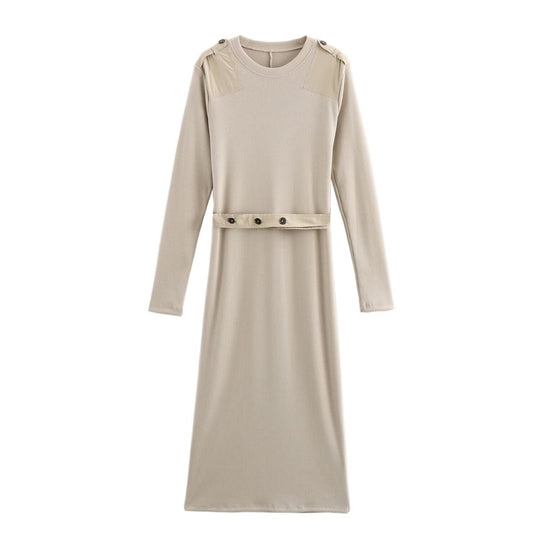 Damen Langarm-Kleid mit dekorativem Gürtel und Schulterdetails EB