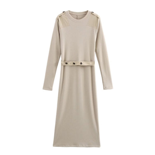 Damen Langarm-Kleid mit dekorativem Gürtel und Schulterdetails EB